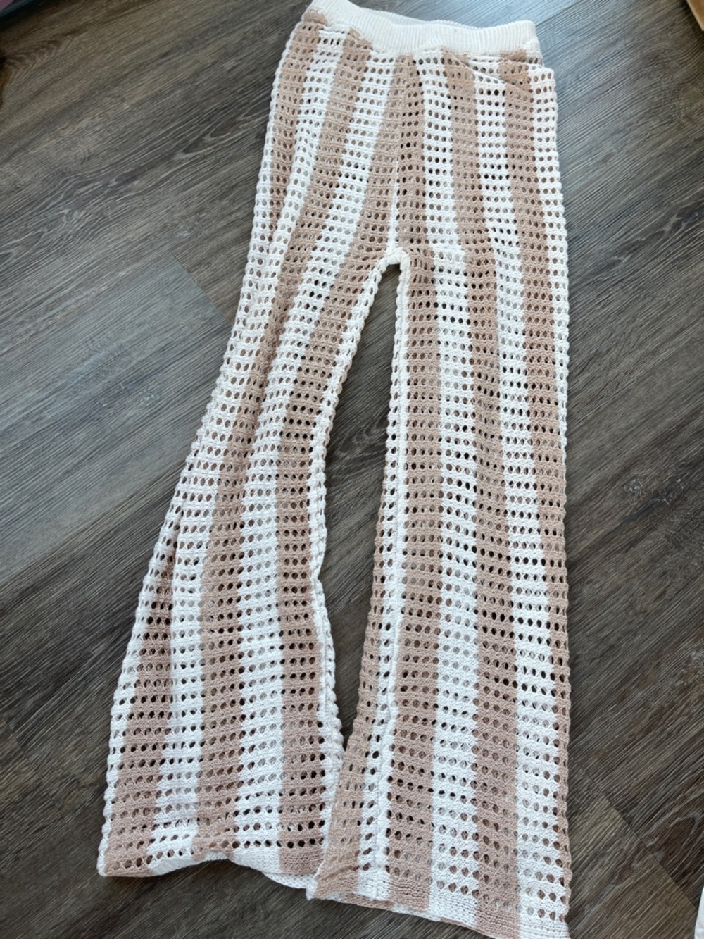 SHEIN Crochet Stripe Wide-Leg Bottoms - Cream & Tan